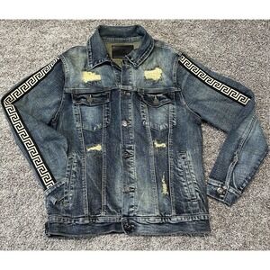 Damati Large Designer Luxury Inspired Sleeve Accent Distressed Jean Jacket